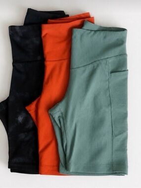 Old Navy High-Rise Athletic Shorts in Black & Blue Fati, Orange, and Sage Green